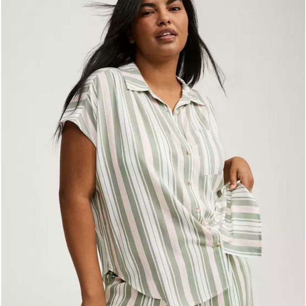 2 piece SET: Torrid Green and White Striped Button down and Wide Leg Pants set